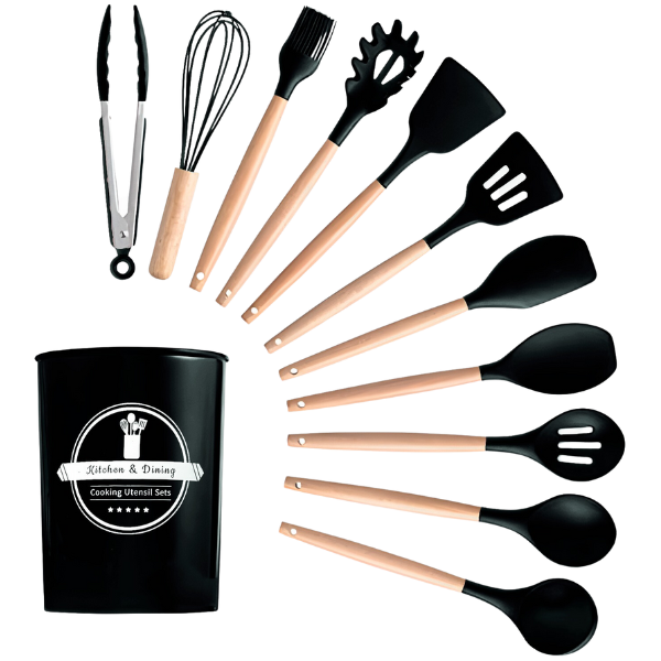 Kit Utensílios Cozinha 12 Peças Silicone Antiaderente (PRETO