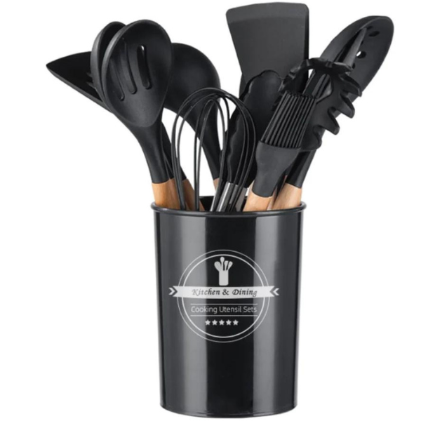 Kit Utensílios Cozinha 12 Peças Silicone Antiaderente (PRETO