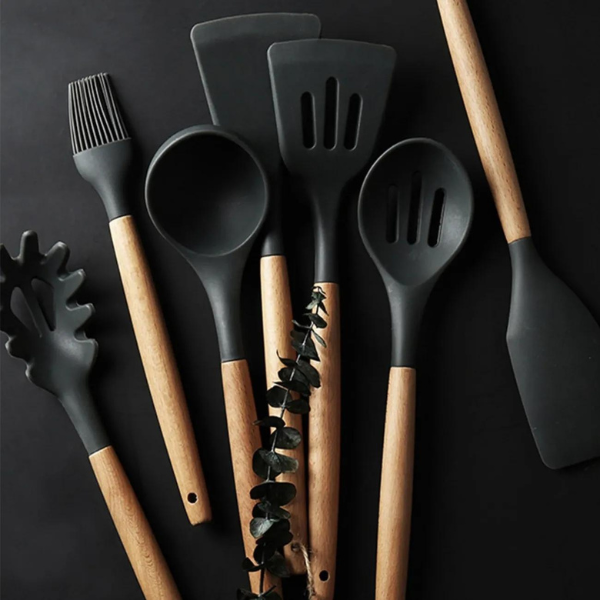 Kit Utensílios Cozinha 12 Peças Silicone Antiaderente (PRETO