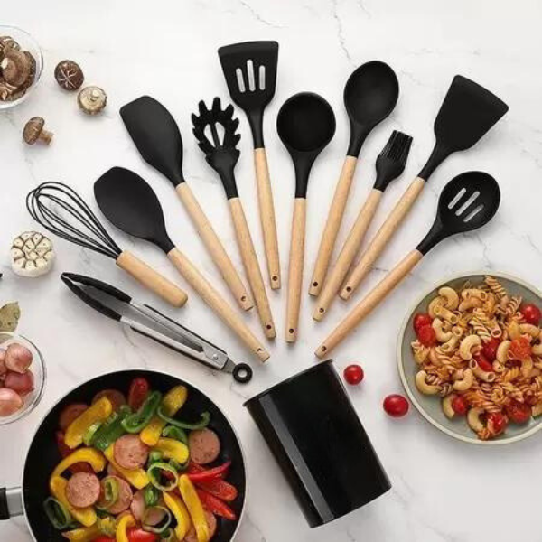 Kit Utensílios Cozinha 12 Peças Silicone Antiaderente (PRETO