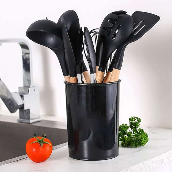 Kit Utensílios Cozinha 12 Peças Silicone Antiaderente (PRETO