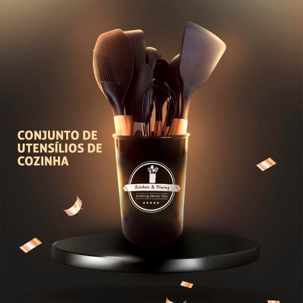 Kit Utensílios Cozinha 12 Peças Silicone Antiaderente (PRETO